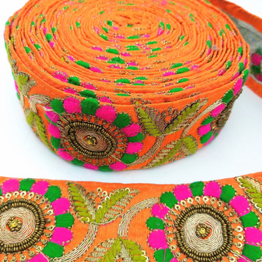 Orange Art Silk Lace Trim, Floral Embroidery in Green and Fuchsia, Hand Embroidered Border with Antique Gold beads and Gold Sequins